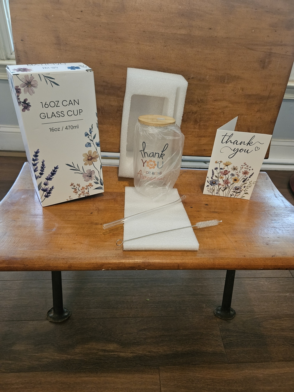 16oz Glass Can Cup with Bamboo Lid — Floral "Thank You" Print
